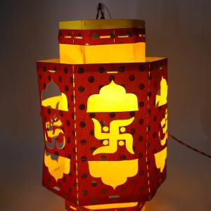 Traditional Handcrafted Lantern, Red and Yellow, Swastik Design, LED Diwali Decorative Light