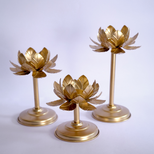Golden Colour Lotus Flower Candle Holders, Set of 3, Metal Decorative Stand with Base, Home Decor