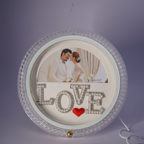 Round Crystal Photo Frame with LOVE Text Design, Decorative Wedding Picture Display with Heart Accent, White