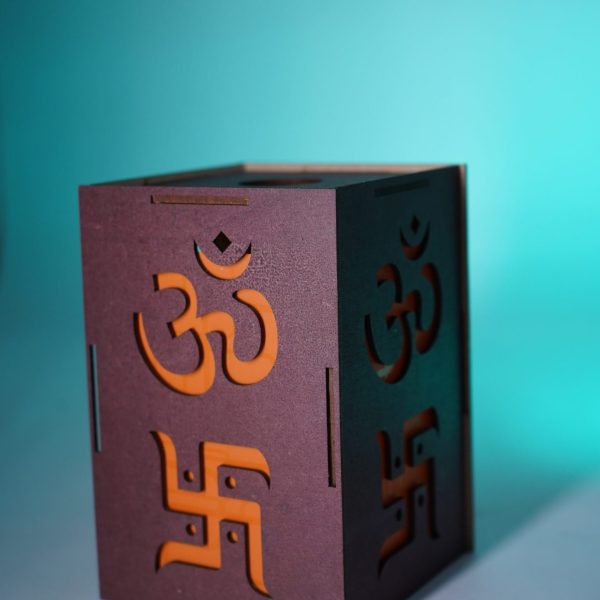 Decorative LED Shadow Box with Om and Swastik Design, Brown and Orange