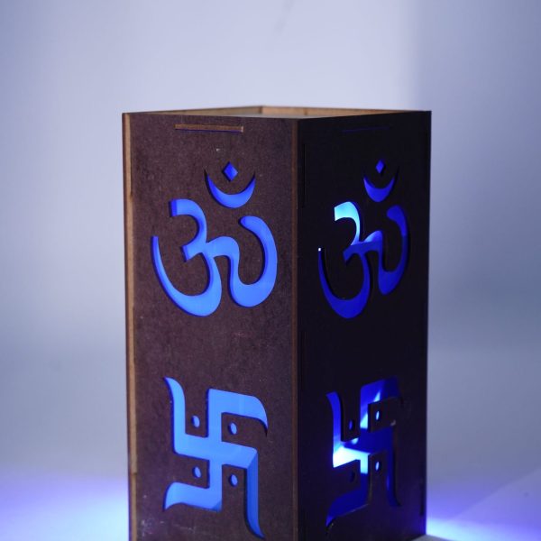 LED Sanskrit Symbol Wall Light, Blue Illuminated Sign, Wood Metal Frame