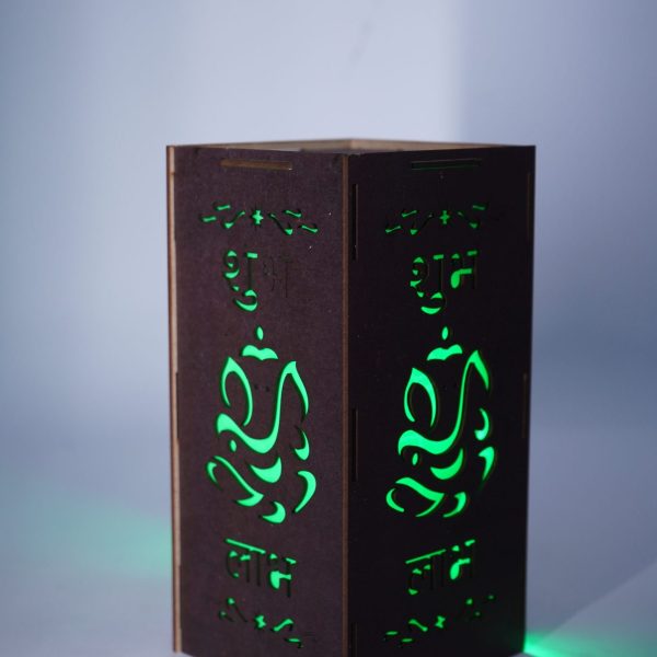 Decorative LED Lantern with Green Backlit Design, Wood Metal Frame