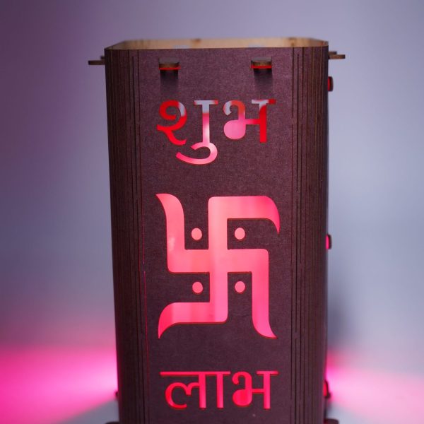 Decorative Wooden Wall Lamp with Sanskrit Symbol, LED Backlit, Pink Light