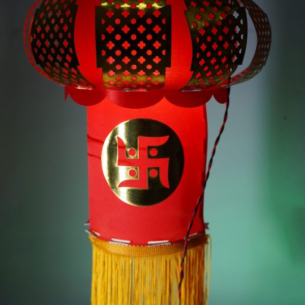 Decorative Om Symbol Hanging Lantern, Red and Gold, Metal Cut Work Design with Tassels